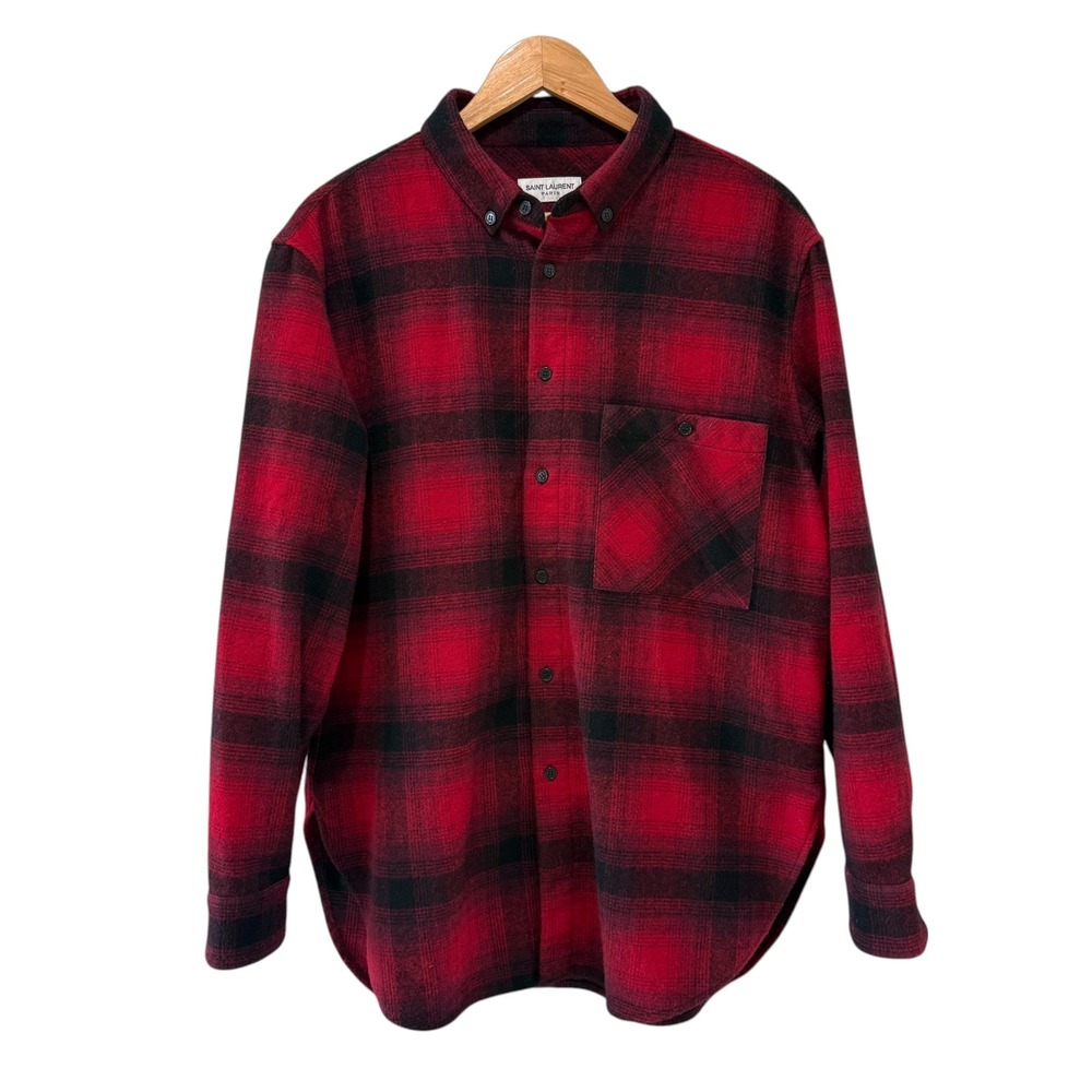 Saint Laurent Paris Mens Red Black Plaid Wool Blend Flannel Shirt 666863 L